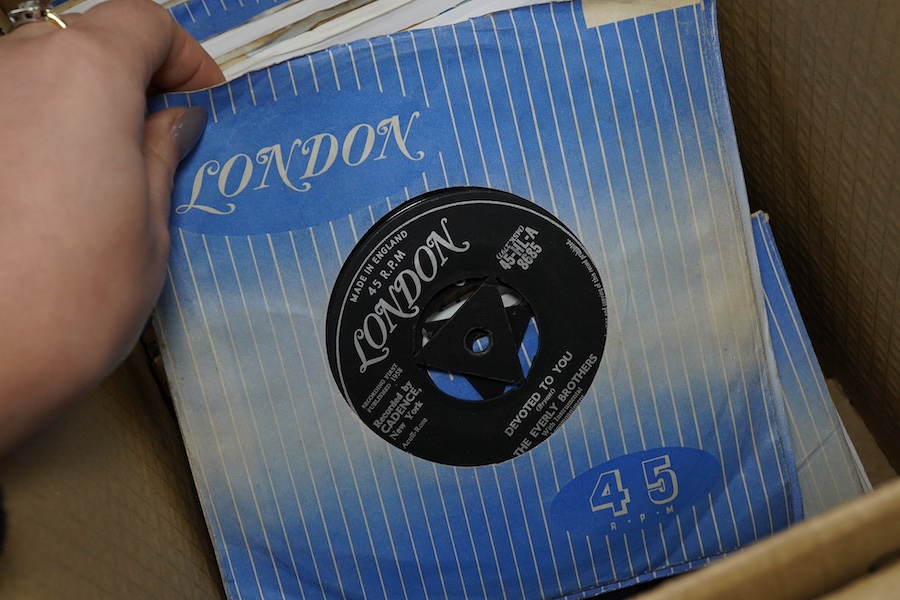 Four boxes of 7 inch singles, all on the London record label, artists include; The Rolling Stones, Ricky Nelson, Duane Eddy, The Ronettes, Roy Orbison, the Crystals, The Ran-Dells, Al Green, Ace Canon, the Willis Brother